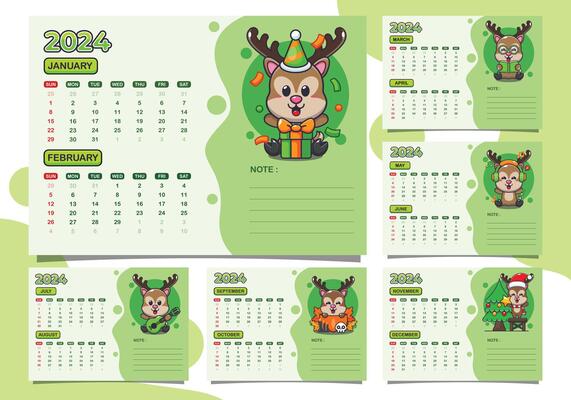 calendar 2024 year with cute deer character. Quarter calendar template for 2024 year.