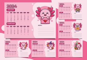 calendar 2024 year with cute axolotl character. Quarter calendar template for 2024 year. vector