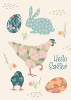 Easter card. Cute hand drawn illustration. Vector design template in vintage pastel colors.