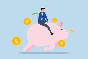 Financial , Businessman investor riding a pink piggy bank with dollar coins. vector