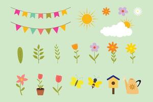 spring set with bees, butterflies, flower, branches, and leaves. Hand drawn flat elements. vector