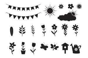 spring set with bees, butterflies, flower, branches, and leaves. Hand drawn black elements. vector