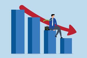 Economic recession, business owner seated on a falling down bar graph and a red arrow. vector