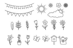 spring set with bees, butterflies, flower, branches, and leaves. Hand drawn outline elements. vector