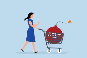 Over shopping, a woman walks by with a shopping cart that has a large bomb with the word debt on it. vector