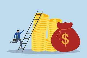 Ladder of success in financial target, Businessman climbs the ladder to the top of heap of money coins, achieving affluent and wealthy aims. vector