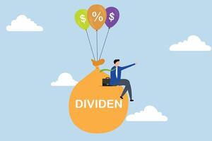 dividendo valores inversión regreso en financiero crisis, comerciante valores inversor sentado en efectivo saco y palabra dividendo flotante en dólar firmar globos vector