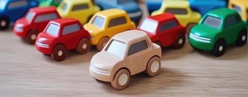 ai generado vistoso juguete coche colección en pie en un fila en de madera mesa en niño jugando habitación. foto