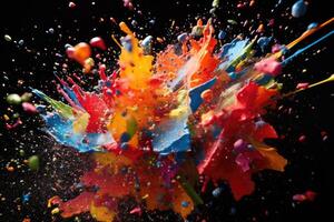 AI generated Abstract vibrant multicolor wet paint splash of drops isolated on black background photo