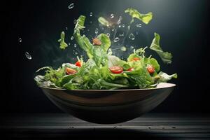 AI generated Green fresh lettuce leaf with tomato in a wooden bowl on dark black background. photo