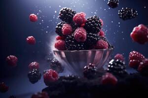 AI generated Fresh juicy berries raspberry, blackberry in a glass bowl on blue dark background photo