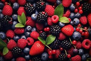 AI generated Fresh berries mix background. Ripe blackberries, blueberries, raspberries and red ribes. photo