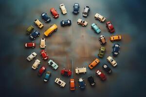 AI generated Top view of colorful toy car collection standing in a circle on in child playing room. photo