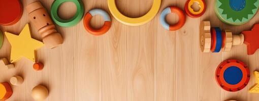 AI generated Top view of kids toys frame on wooden background with copy space. photo