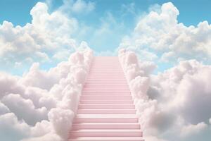 AI generated Stairway to heaven through white clouds in blue sky background. photo