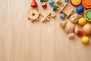 AI generated Top view of kids toys frame on wooden background with copy space. photo