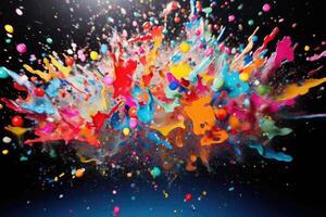 AI generated Abstract vibrant multicolor wet paint splash of drops isolated on black background photo