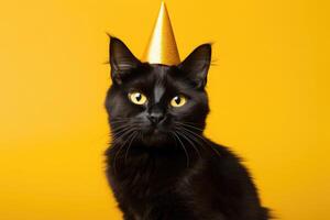 AI generated Cute adorable black birthday cat in yellow party hat sitting on orange background photo