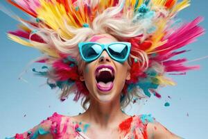 AI generated Happy excited woman with multicolored painted hair and skin having fun with colorful powder photo