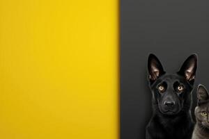 AI generated Portrait of a black dog and a cat head looking at the camera on a gray and yellow background photo