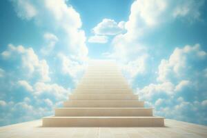 AI generated Stairway to heaven through white clouds in blue sky background. photo