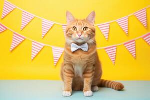 AI generated Cute adorable birthday cat with confetti, balloons and in party hat sitting on white background. photo