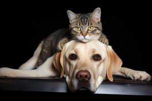 AI generated Close up portrait of a dog and a cat looking at the camera in front of a black background photo