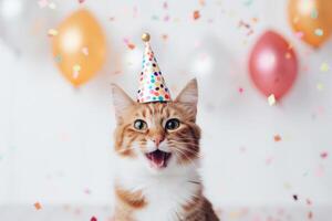 ai generado linda adorable cumpleaños gato con papel picado, globos y en fiesta sombrero sentado en blanco antecedentes. foto