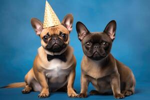 ai generado dos linda adorable cumpleaños buldog perro en fiesta sombrero sentado en azul antecedentes foto