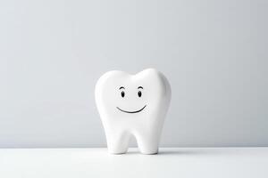 AI generated Happy smiling healthy tooth toy character with smile on gray background with copy space photo