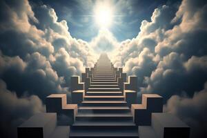 AI generated Stairway to heaven through white clouds in blue sky background. photo