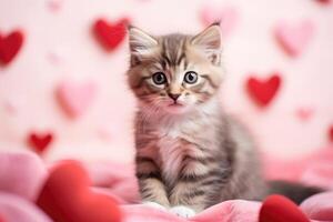 AI generated Portrait of a cute little domestic cat on a pink background with red love heart. photo