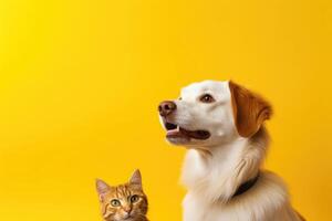 ai generado cerca arriba retrato de un perro y un gato cabeza mirando a el cámara en amarillo antecedentes foto