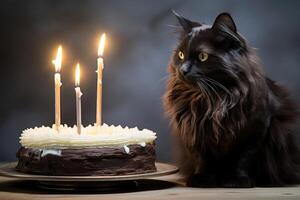 ai generado mullido negro linda gatito gato sentado en frente de festivo pastel con vela celebrando cumpleaños fiesta foto