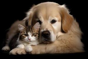 AI generated Close up portrait of a dog and a cat looking at the camera in front of a black background photo