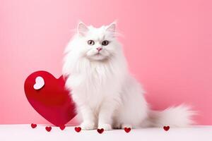ai generado retrato de un linda pequeño Doméstico gato en un rosado antecedentes con rojo amor corazón. foto
