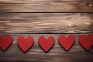 AI generated Red hearts on a wooden background. Happy Valentine's Day top view greeting card photo