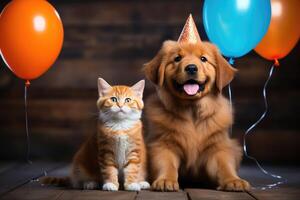AI generated Cute birthday red dog in party hat with kitten cat sitting on wooden background with balloons. photo