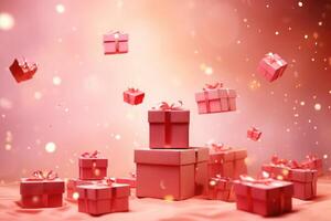 AI generated Many red gift boxes with a bow on festive glittering bokeh dark pink background photo