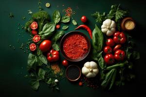 AI generated Set of various spices and herbs on dark wooden background with copy space photo