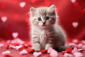 ai generado retrato de un linda pequeño gris despojado mullido Doméstico gato en un rojo antecedentes con amor corazones foto