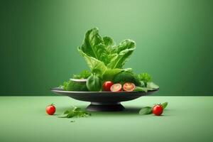 AI generated Salad with tomatoes and broccoli in a bowl on green background. Green lettuce with vegetables. photo