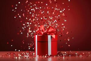 AI generated Red gift box with a bow and golden confetti on festive glittering bokeh background photo