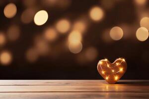 AI generated Golden glittering shiny hearts on defocused festive bokeh background with copy space. photo