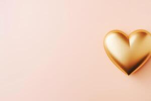 AI generated Golden heart on pastel pink background. Happy Valentine's Day greeting card top view. photo