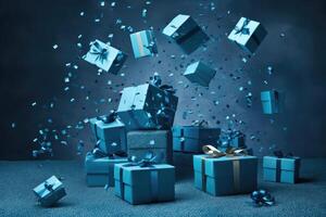 AI generated Many blue gift boxes with bow on festive glittering bokeh dark blue background photo