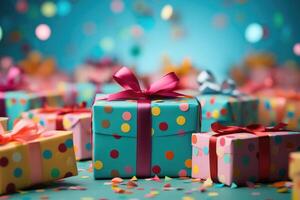 AI generated Many colorful gift boxes flying on festive blue background with confetti photo