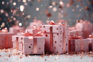 AI generated Pink gift boxes on festive background with confetti. photo