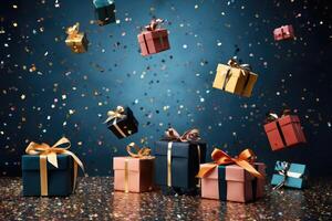 AI generated Many gift boxes on festive blue background with copy space and confetti photo