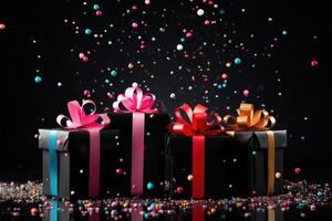 AI generated many black gift boxes with a colorful bow on festive dark background with confetti photo